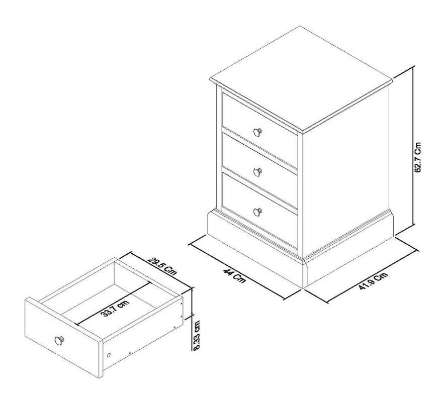 Palmer - Soft Grey 3 Drawer Bedside Table Specification
