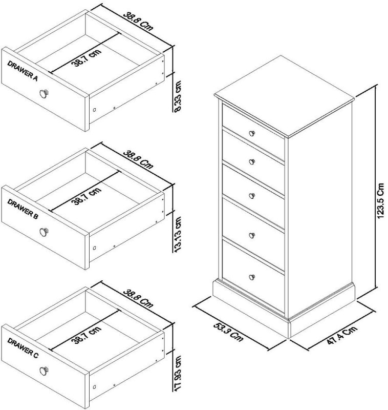Palmer - White 5 Drawer Tall Chest Specification