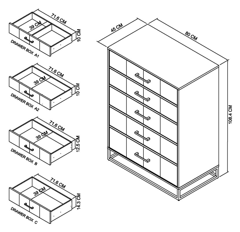 Varo Rustic Oak 5 Drawer Tall Chest Specification