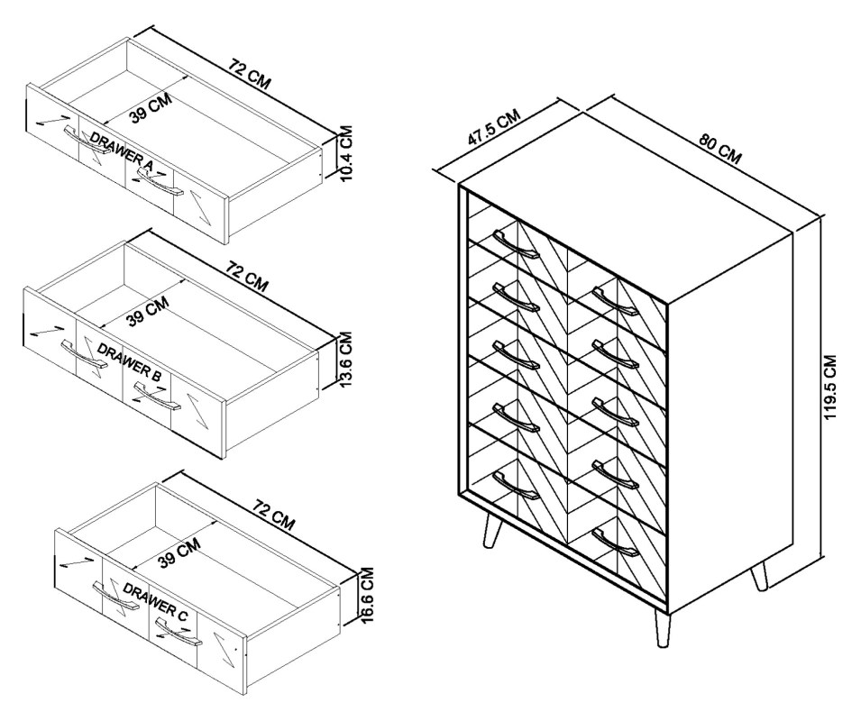 Morreto - Fumed Oak 5 Drawer Tall Chest Specification