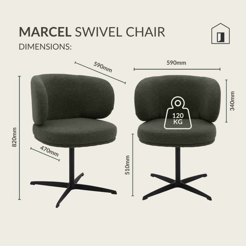 Marcel - Swivel Dining Chair in Dark Green Boucle Fabric (Pair) Specification