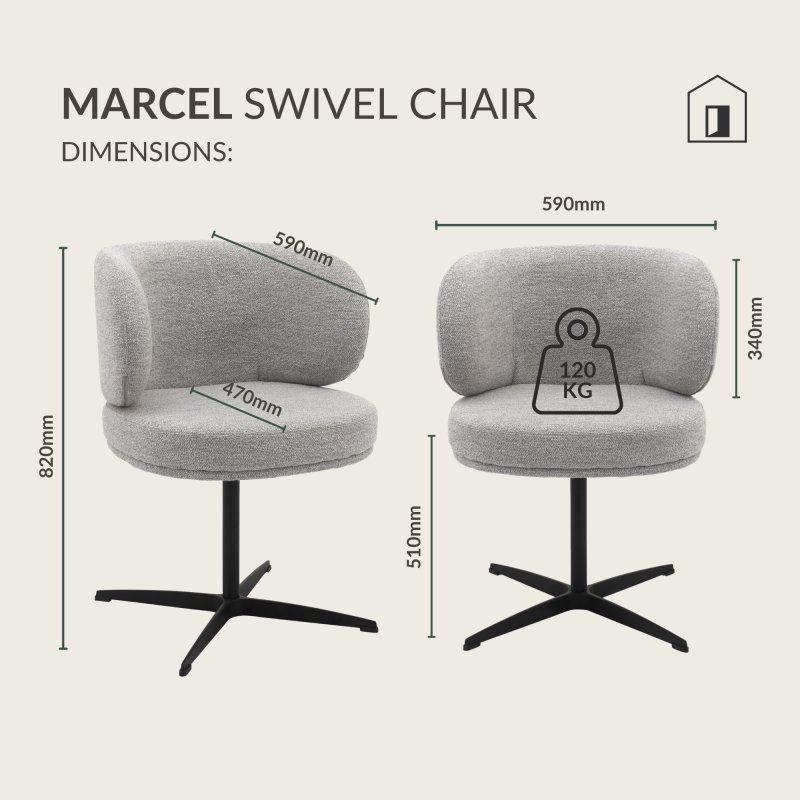 Marcel - Swivel Dining Chair in Light Grey Boucle Fabric (Pair) Specification