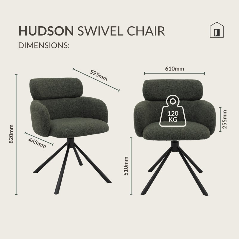 Hudson - Swivel Chair in Dark Green Boucle Fabric Specification