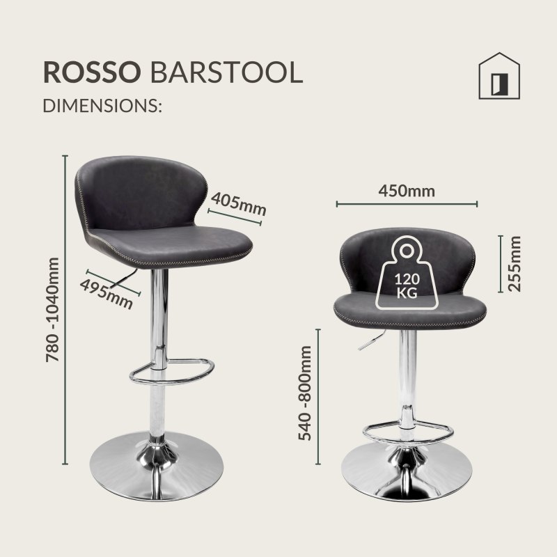 Rosso - Chrome Gas Lift Swivel Bar Stool in Dark Grey Vintage Faux Leather Specification