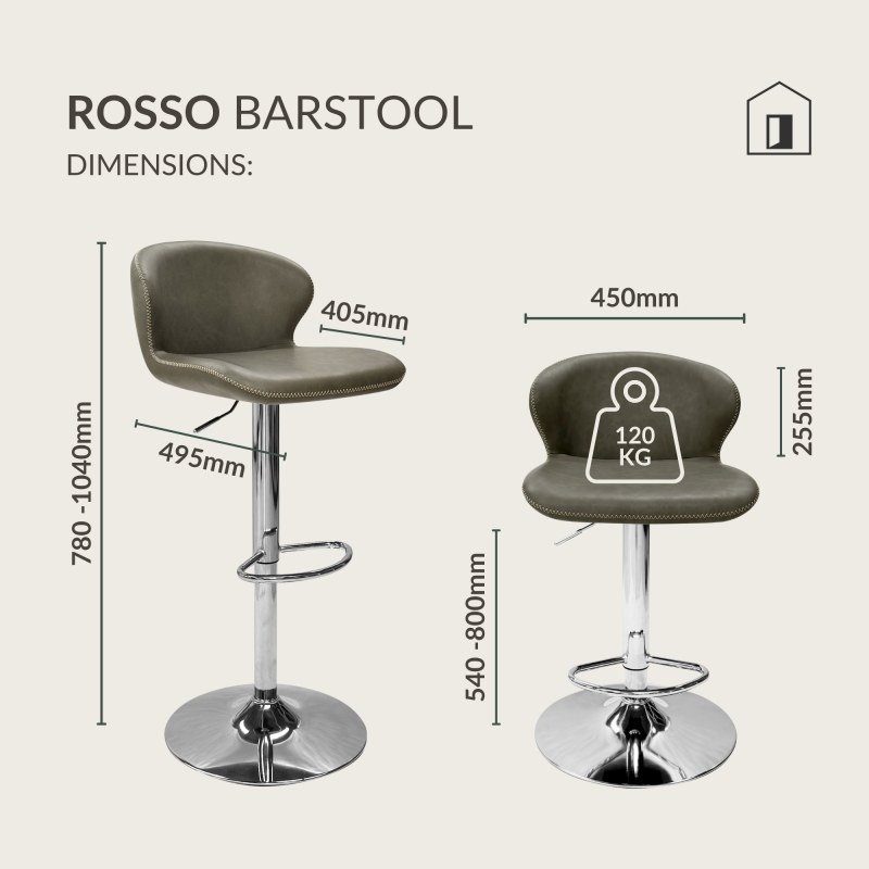 Rosso - Chrome Gas Lift Swivel Bar Stool in Olive Vintage Faux Leather Specification