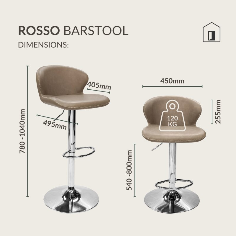 Rosso - Chrome Gas Lift Swivel Bar Stool in Stone Vintage Faux Leather Specification