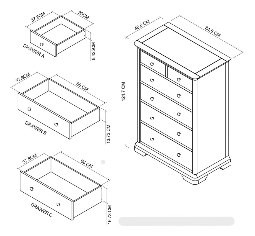 Amara - Blue Grey 6 Drawer Tall Chest Specification