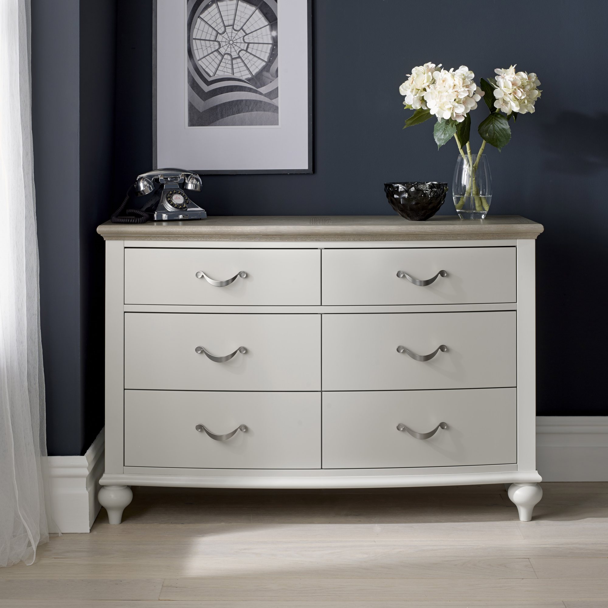 Milller Grey Washed Oak & Soft Grey 6 Drawer Wide Chest