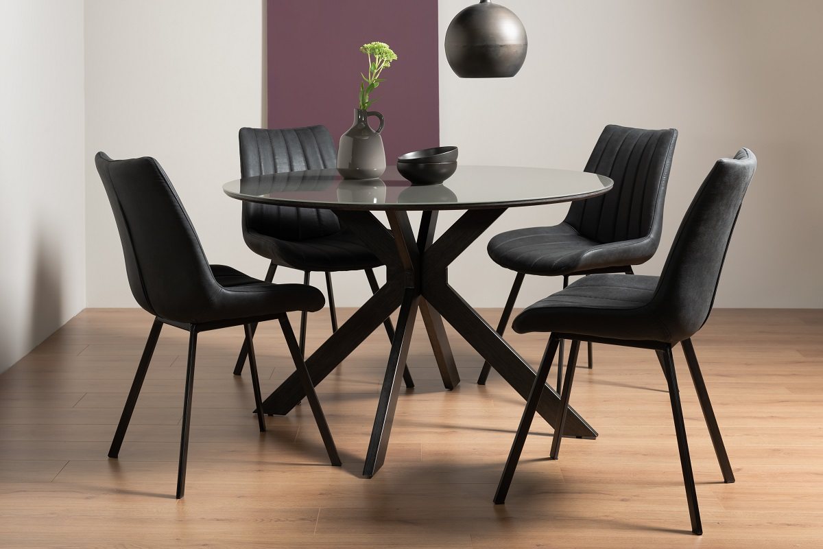 Hirst Grey Painted Glass 4 Seater Dining Table & 4 Fontana Dark Grey Faux Suede Chairs