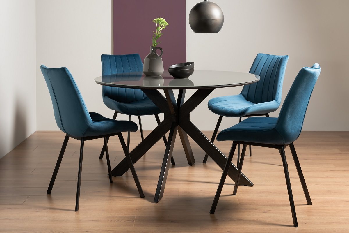 Hirst Grey Painted Glass 4 Seater Dining Table & 4 Fontana Blue Velvet Fabric Chairs