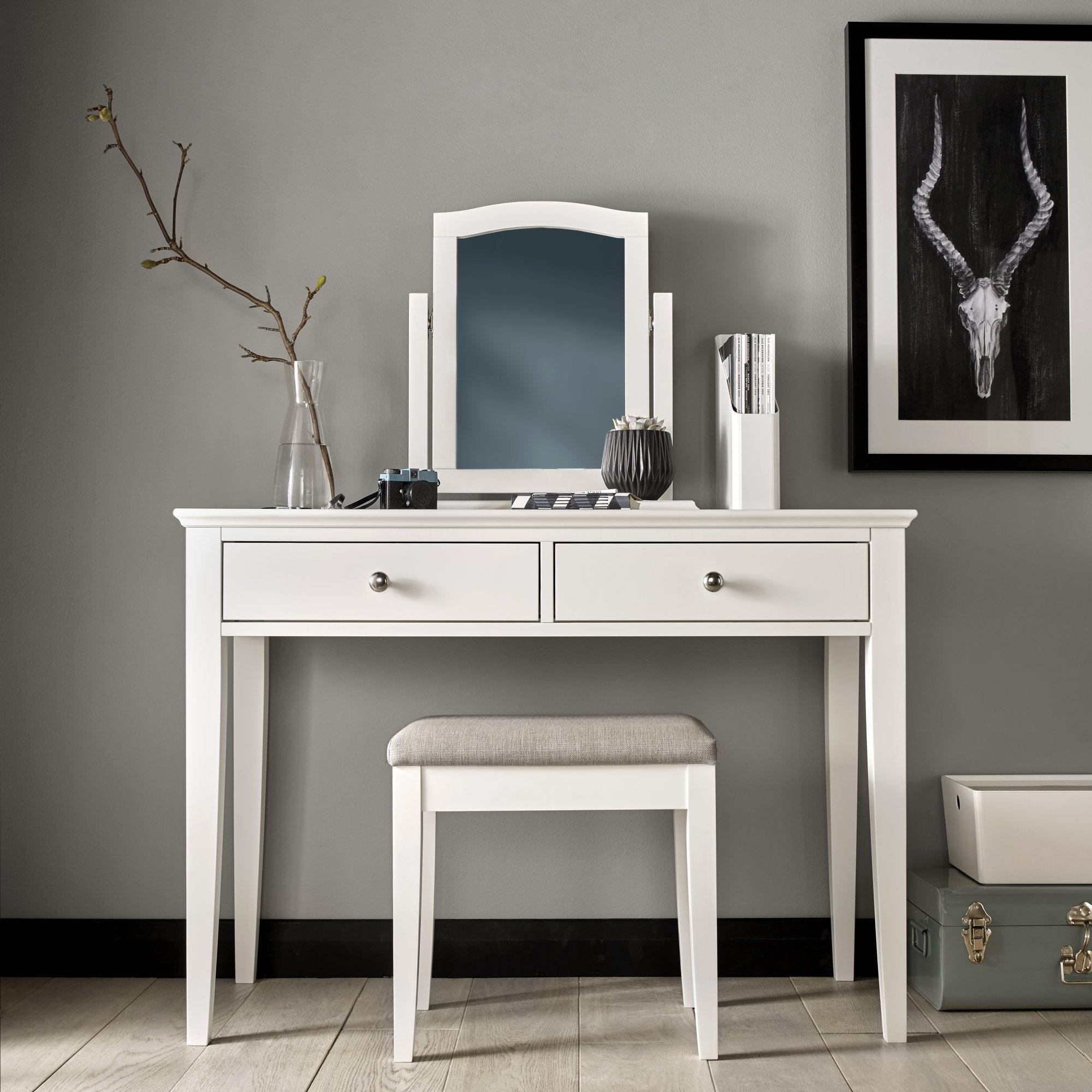 Palmer - White Vanity Stool in Grey Fabric