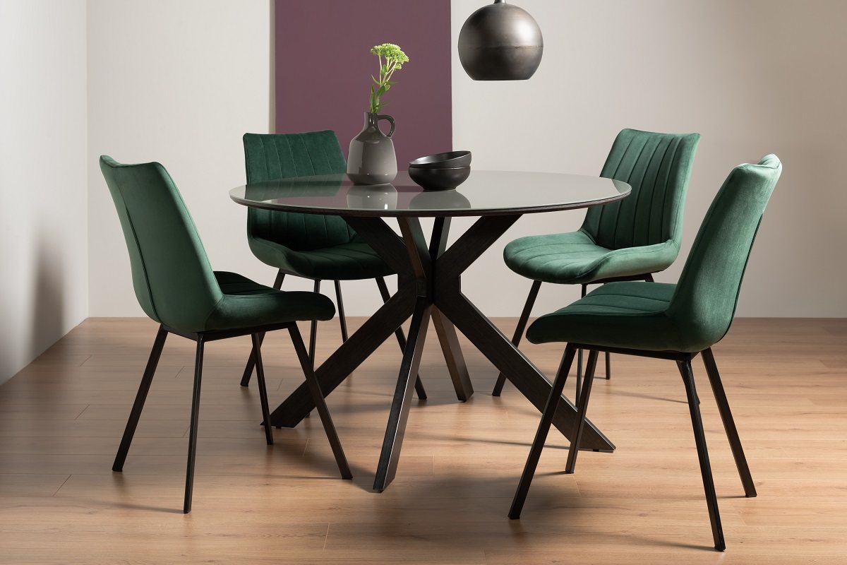 Hirst Grey Painted Glass 4 Seater Dining Table & 4 Fontana Green Velvet Fabric Chairs