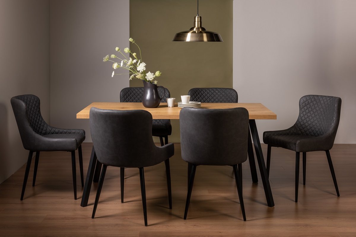 Ramsay 4 Leg Oak Effect 6 Seater & 6 Cezanne Chairs in Dark Grey Faux Leather with Black Legs