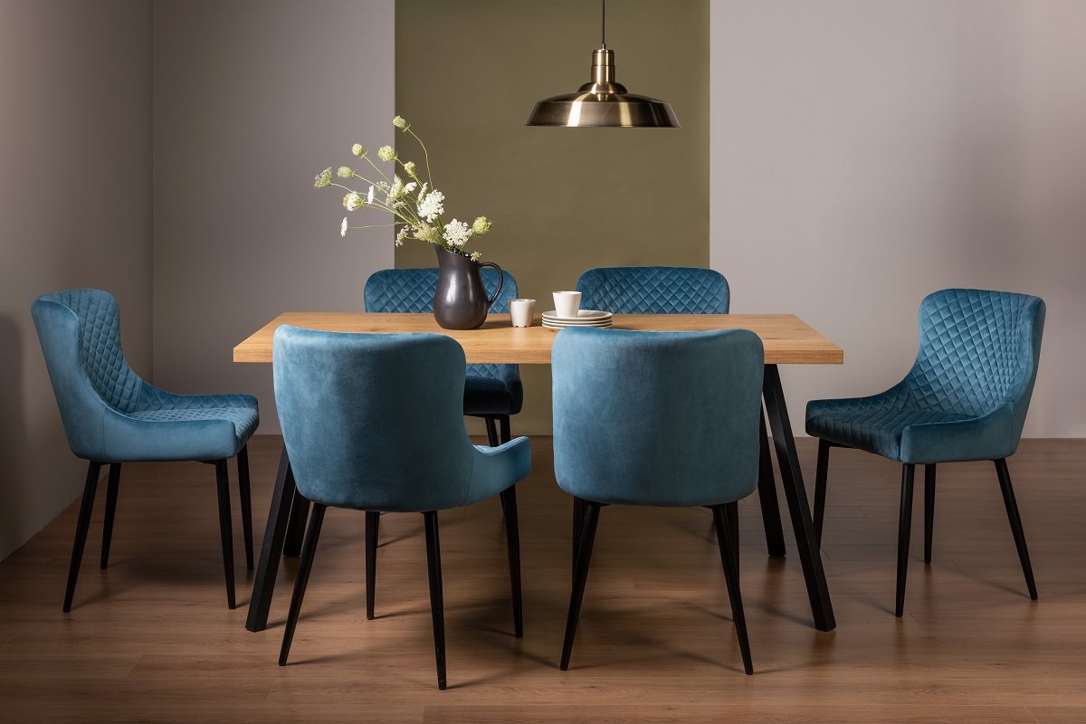 Ramsay 4 Leg Oak Effect 6 Seater & 6 Cezanne Chairs in Petrol Blue Velvet Fabric with Black Legs