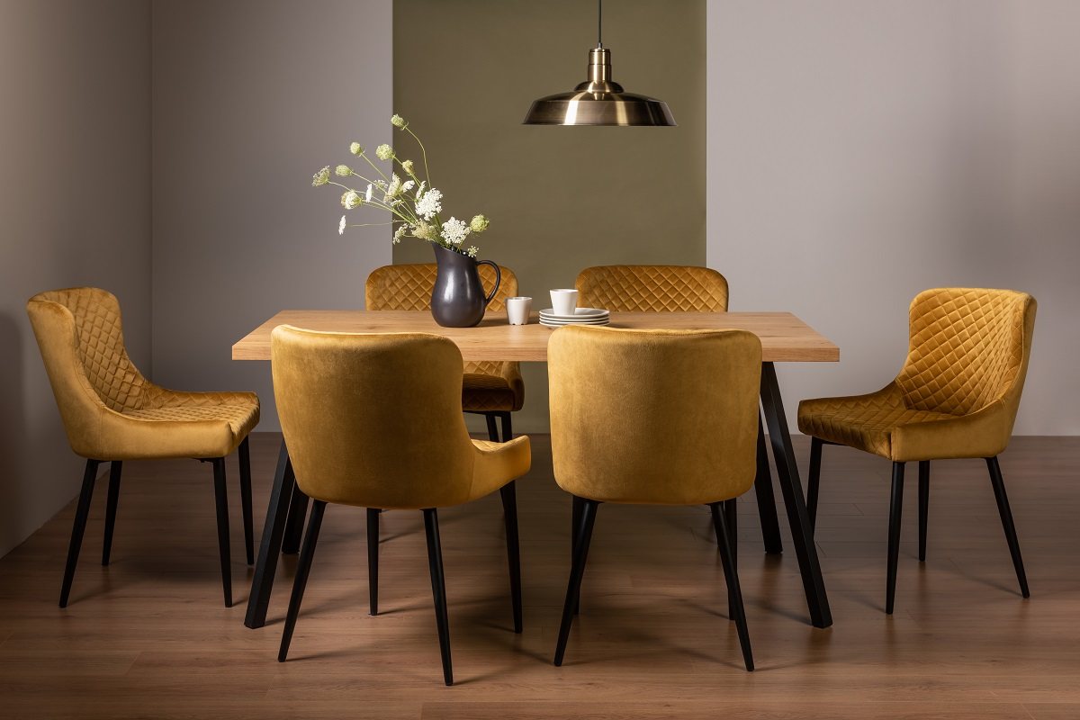 Ramsay 4 Leg Oak Effect 6 Seater & 6 Cezanne Chairs in Mustard Velvet Fabric with Black Legs