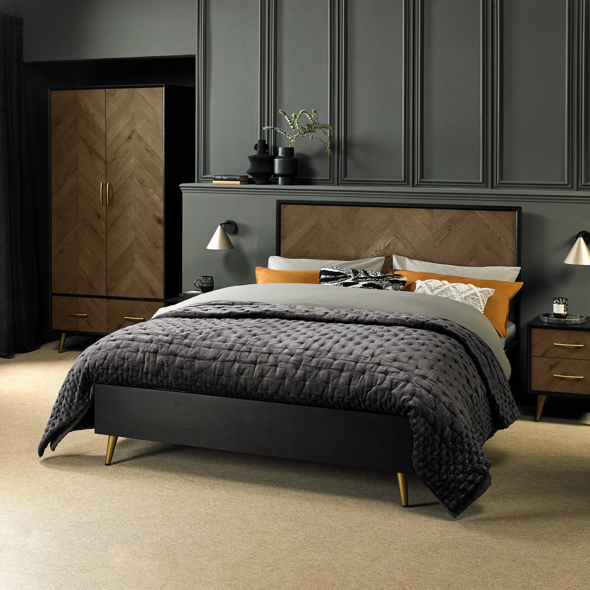 Morreto Fumed Oak & Peppercorn Panel Bedstead Double 135cm