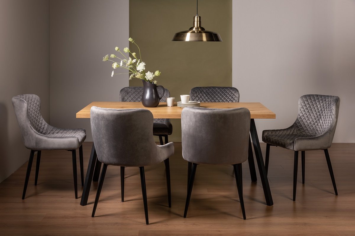 Ramsay 4 Leg Oak Effect 6 Seater & 6 Cezanne Chairs in Grey Velvet Fabric with Black Legs