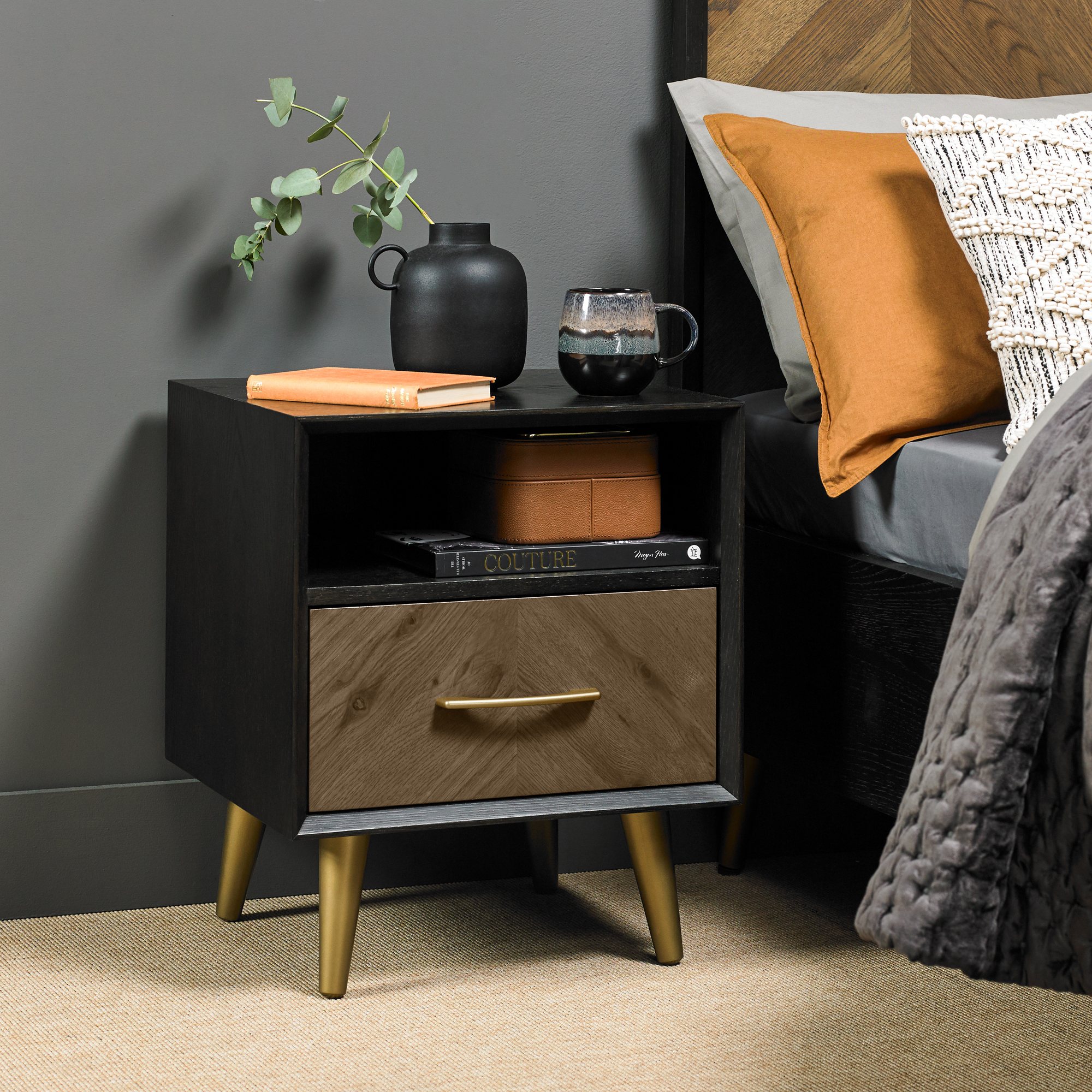 Morreto Fumed Oak & Peppercorn 1 Drawer Nightstand