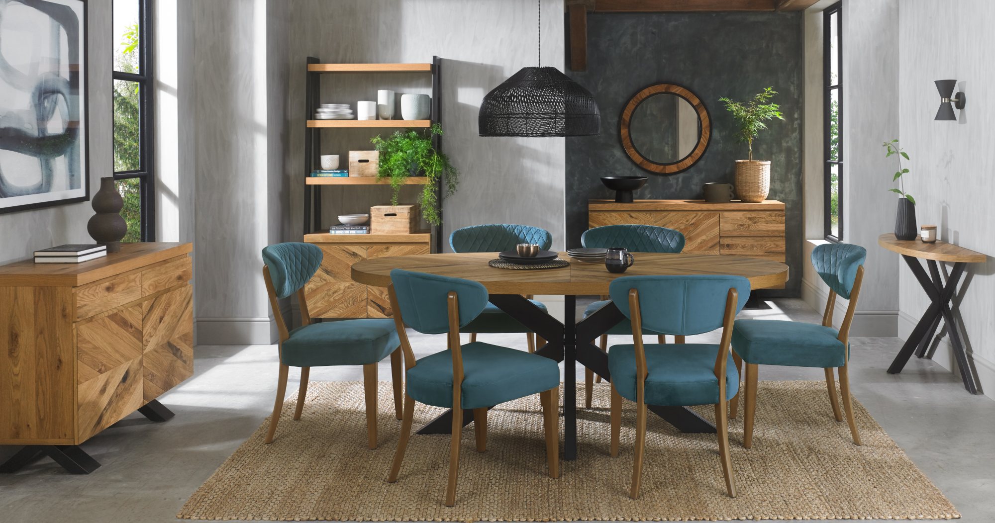 Bosco - Rustic Oak Dining Chair in Azure Velvet (Pair)