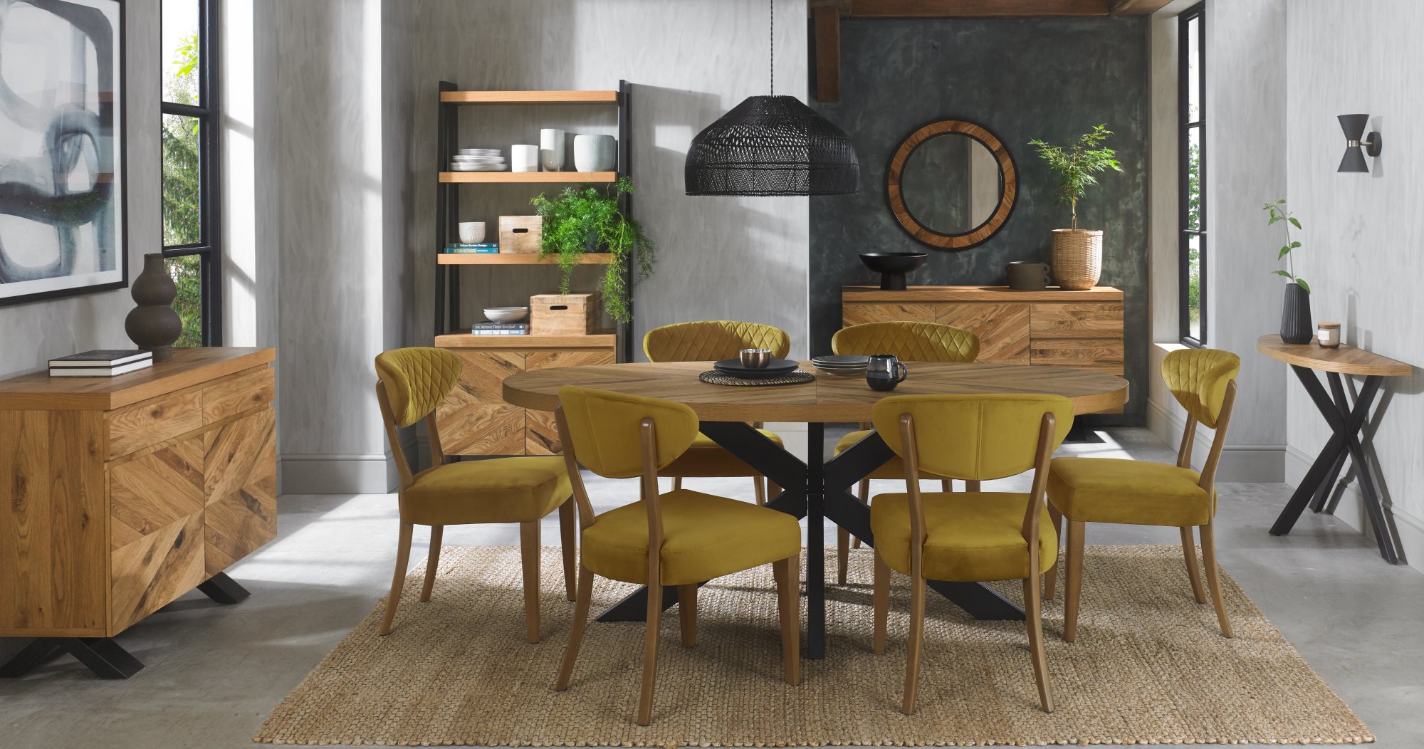 Bosco - Rustic Oak Dining Chair in Mustard Velvet (Pair)