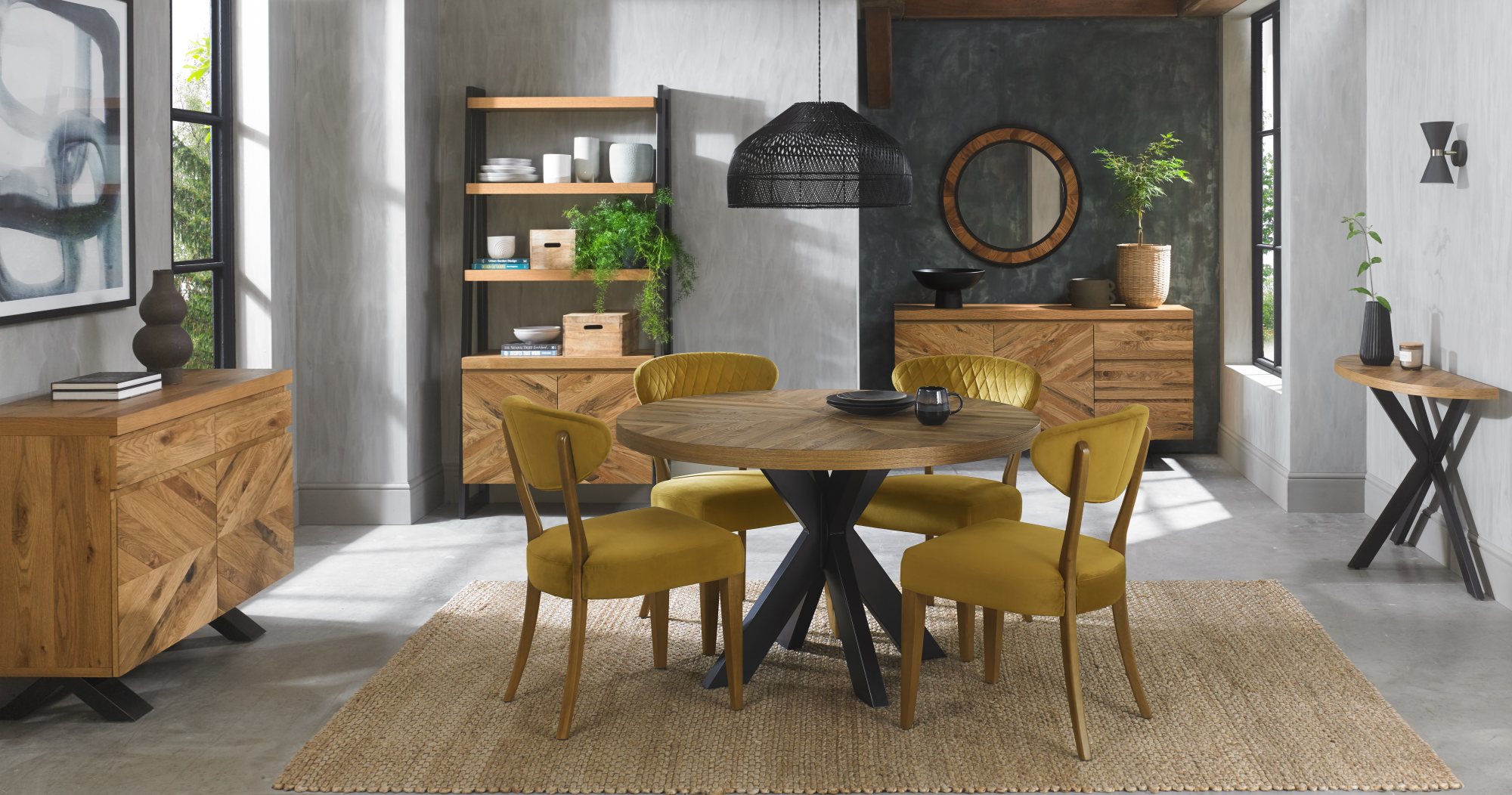 Bosco - Rustic Oak Dining Chair in Mustard Velvet (Pair)