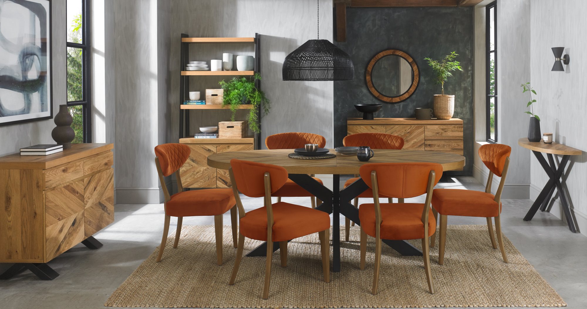 Bosco - Rustic Oak Dining Chair in Rust Velvet (Pair)