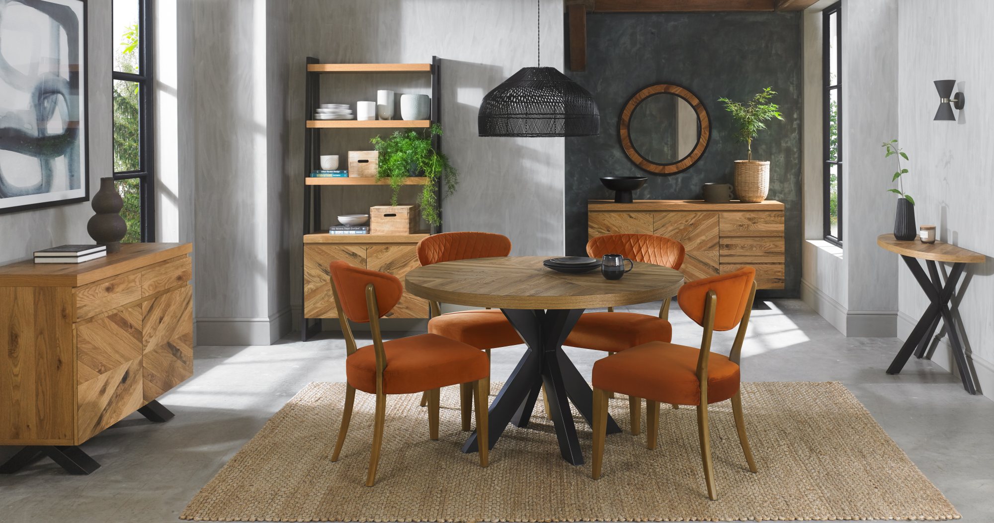 Bosco - Rustic Oak Dining Chair in Rust Velvet (Pair)