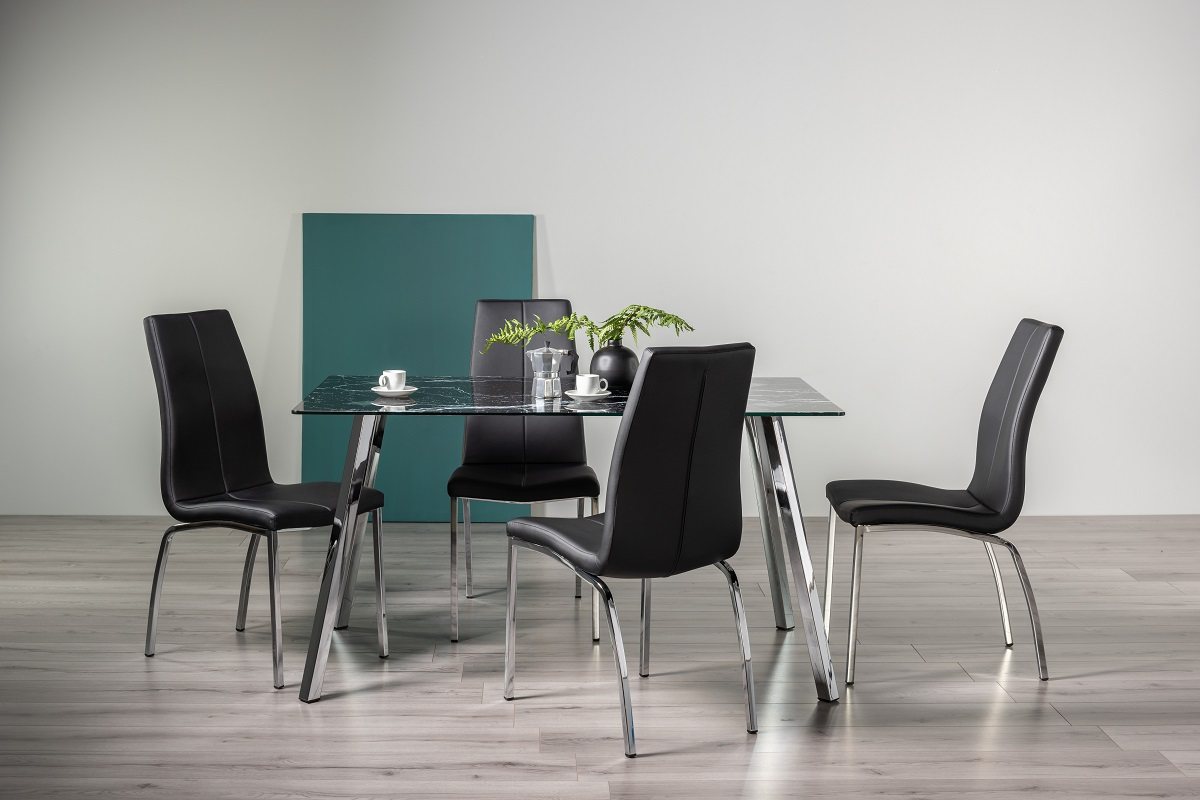 Emin Black Marble Effect Glass 6 Seater Dining Table & 4 Benton Black Faux Leather Chairs