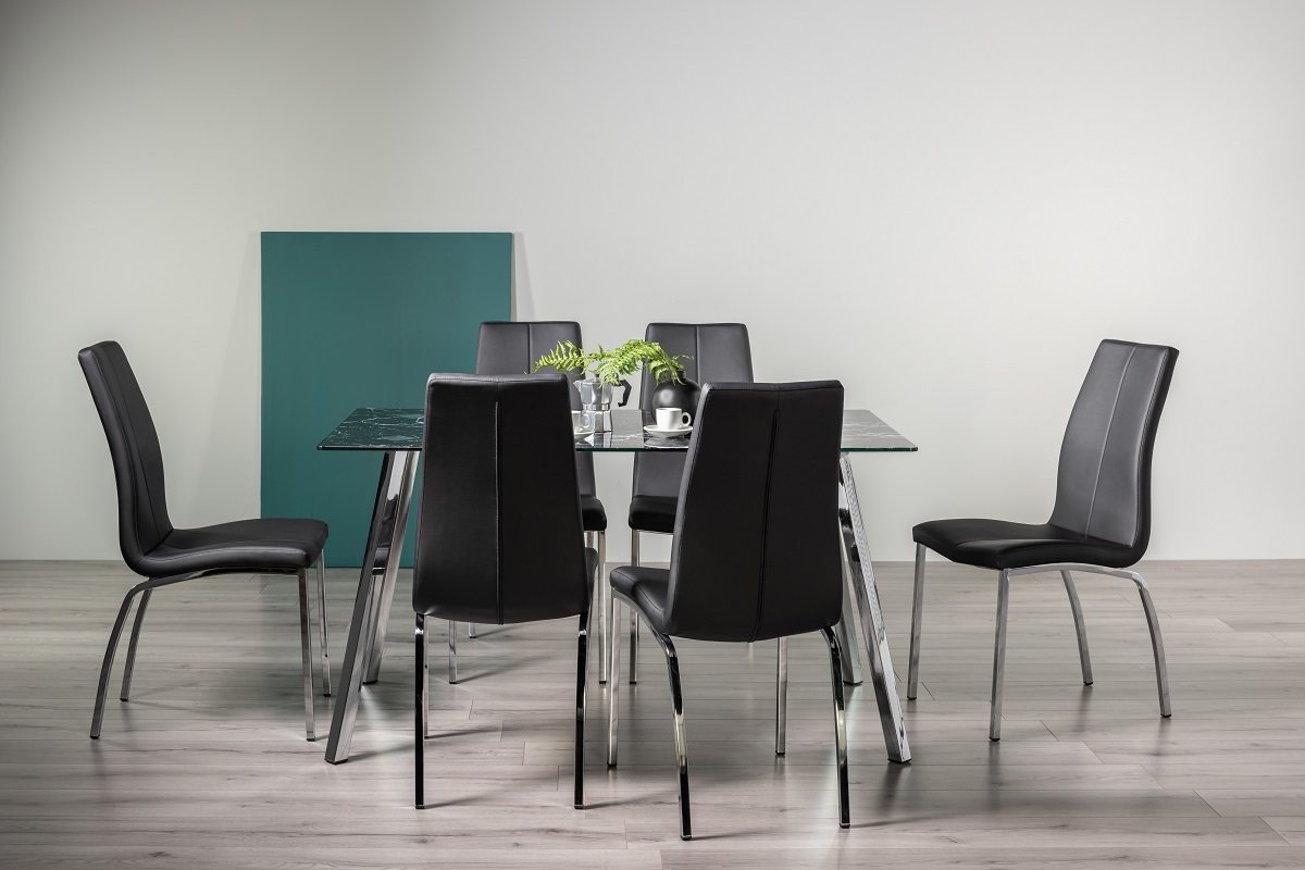 Emin Black Marble Effect Glass 6 Seater Dining Table & 6 Benton Black Faux Leather Chairs
