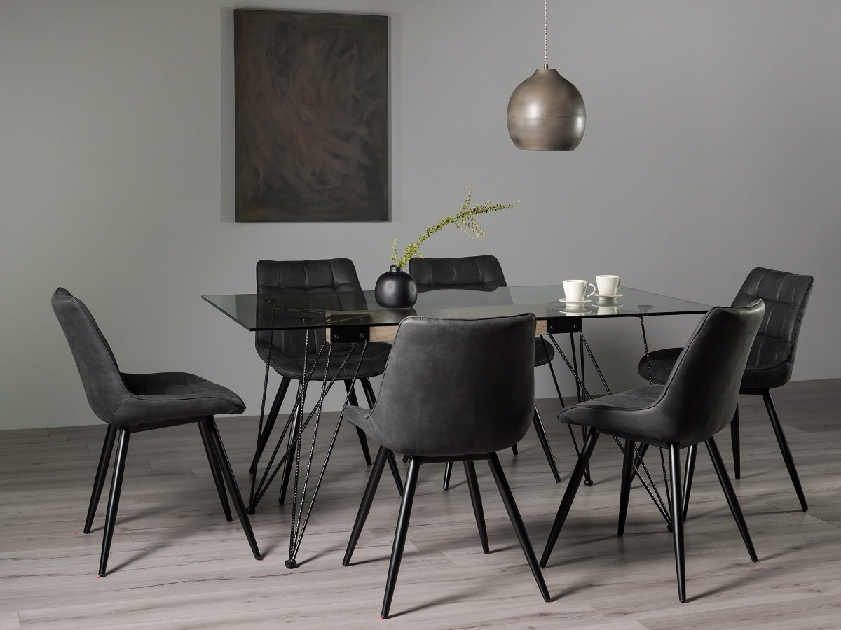Miro Tempered Glass 6 Seater Dining Table & 6 Seurat Dark Grey Faux Suede Chairs