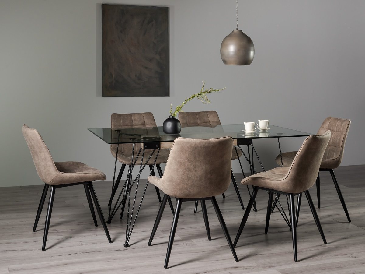 Miro Tempered Glass 6 Seater Dining Table & 6 Seurat Tan Faux Suede Chairs