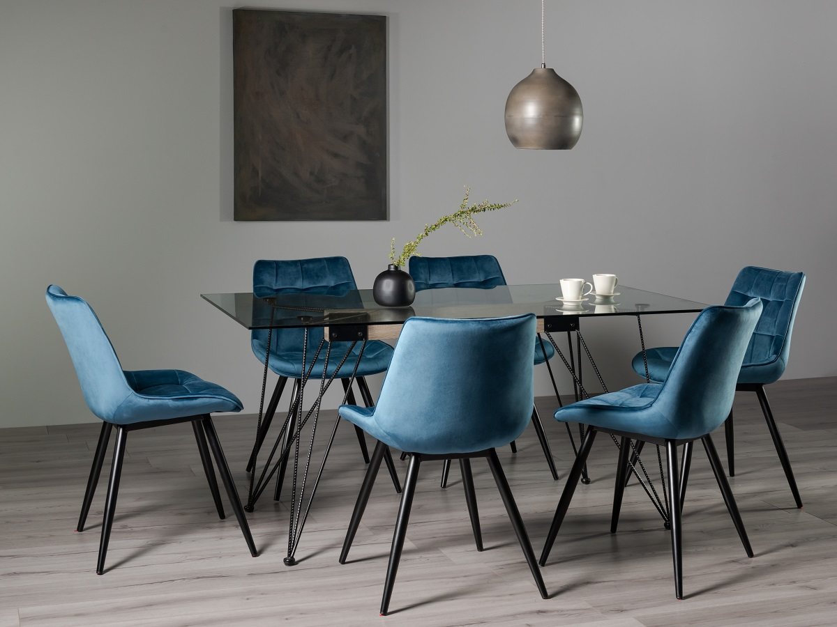 Miro Tempered Glass 6 Seater Dining Table & 6 Seurat Blue Velvet Fabric Chairs