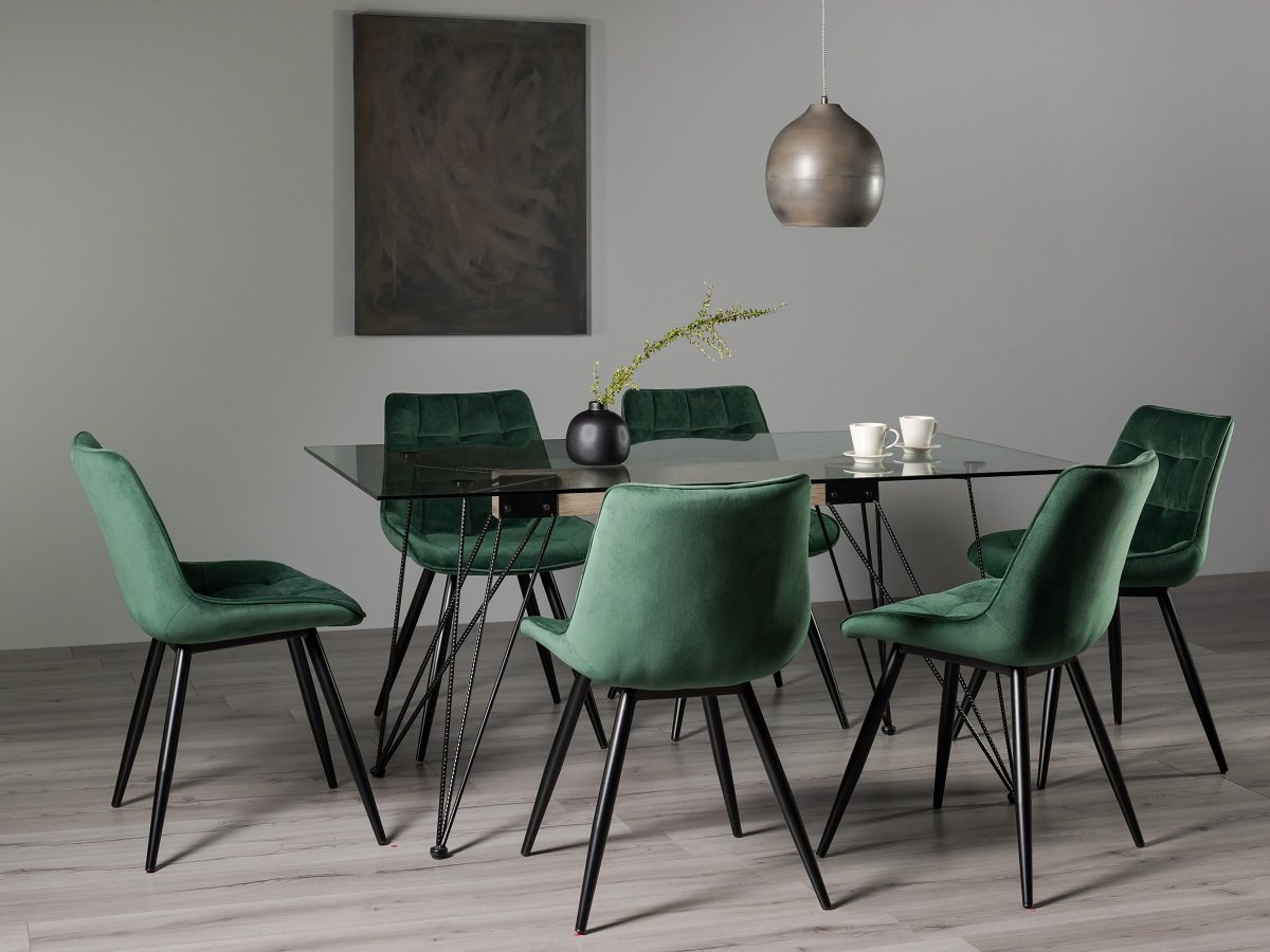 Miro Tempered Glass 6 Seater Dining Table & 6 Seurat Green Velvet Fabric Chairs