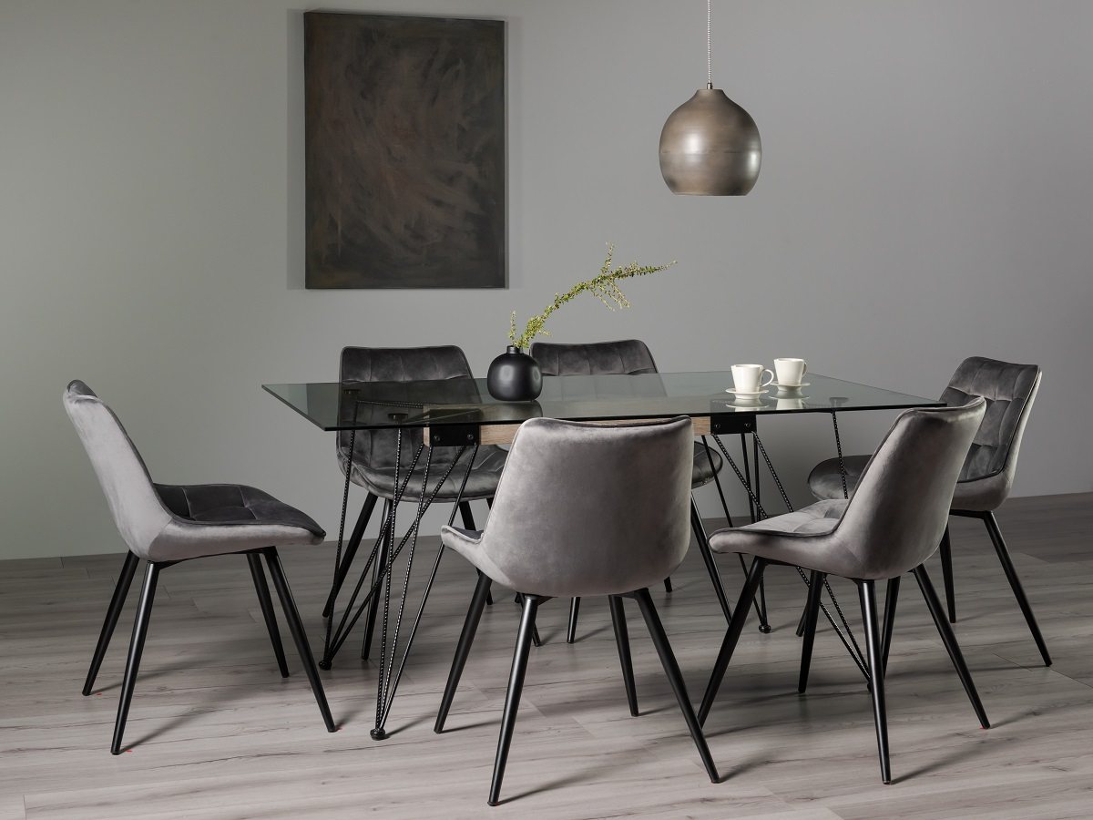 Miro Tempered Glass 6 Seater Dining Table & 6 Seurat Grey Velvet Fabric Chairs
