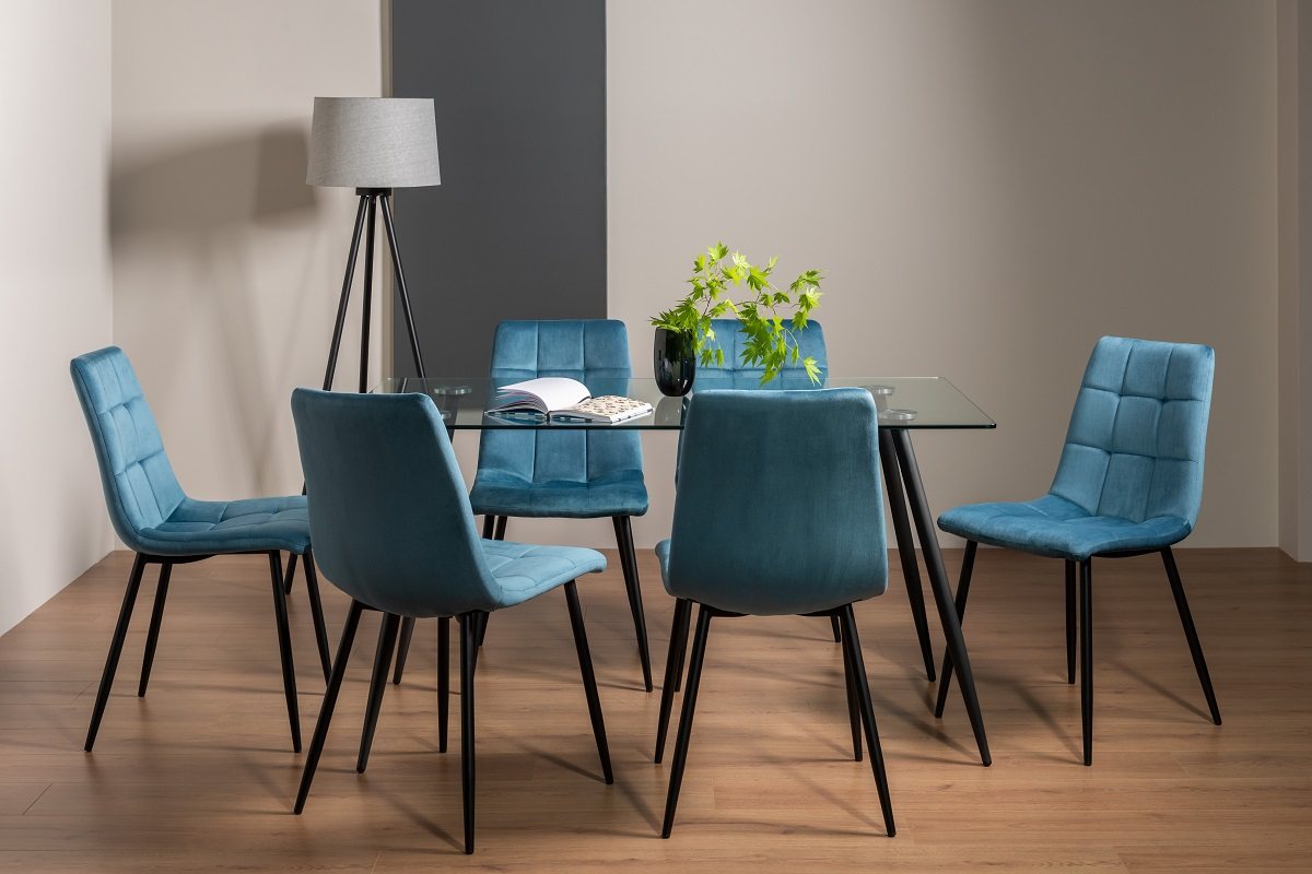 Martini Tempered Glass 6 Seater Dining Table & 6 Mondrian Petrol Blue Velvet Fabric Chairs