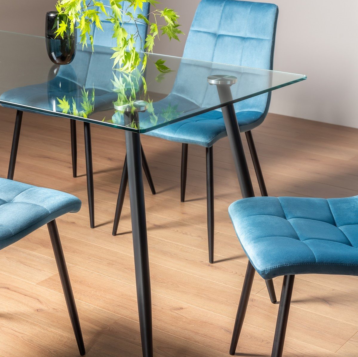 Martini - Glass 6 Seater Dining Table & 6 Blue Velvet Mondrian Dining Chairs