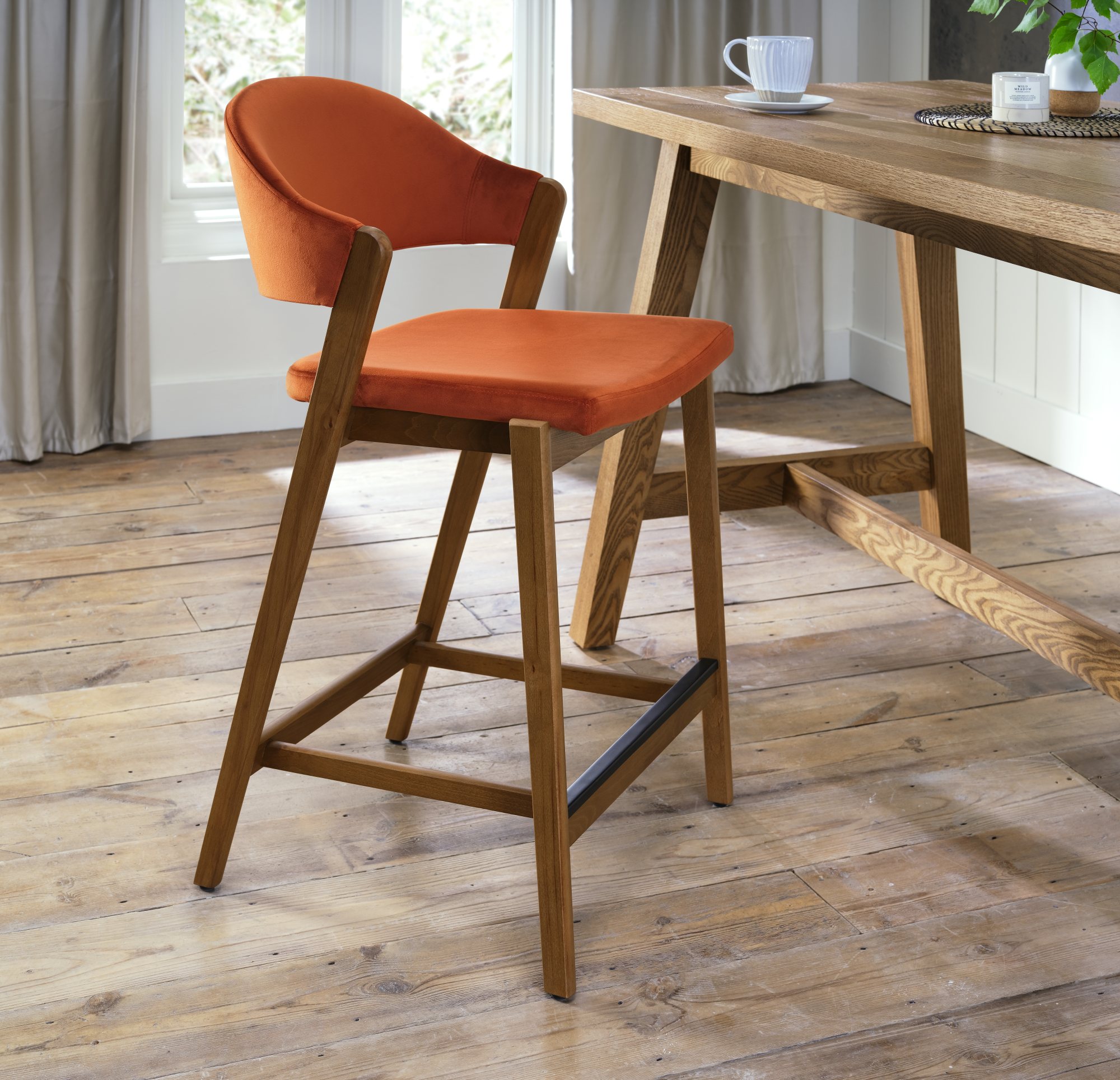 Rosen Rustic Oak Upholstered Bar Stool in a Rust Velvet Fabric (Single)