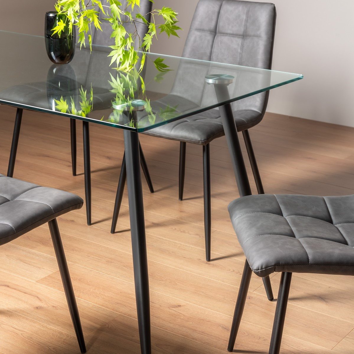 Martini - Glass 6 Seater Dining Table & 4 Dark Grey Faux Leather Mondrian Dining Chairs