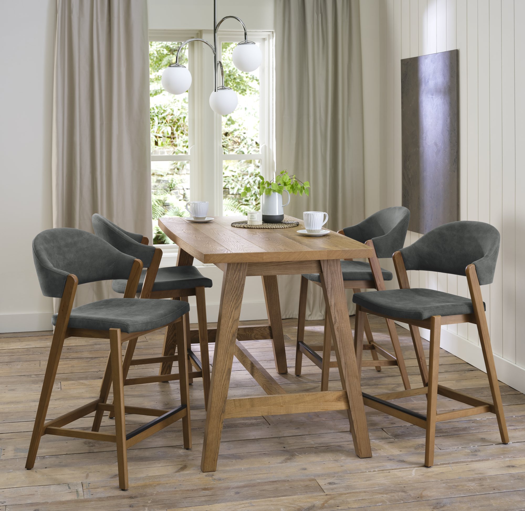 Rosen - Rustic Oak Bar Stool in Dark Grey Fabric