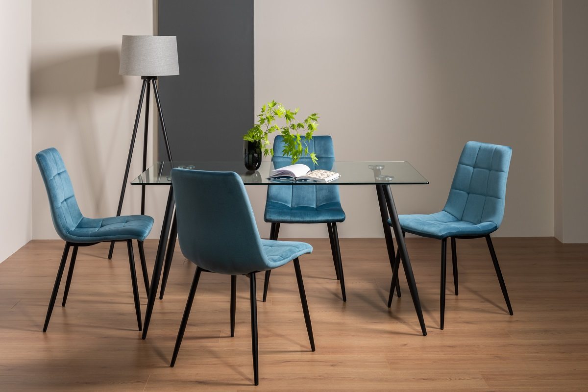 Martini Tempered Glass 6 Seater Dining Table & 4 Mondrian Petrol Blue Velvet Fabric Chairs