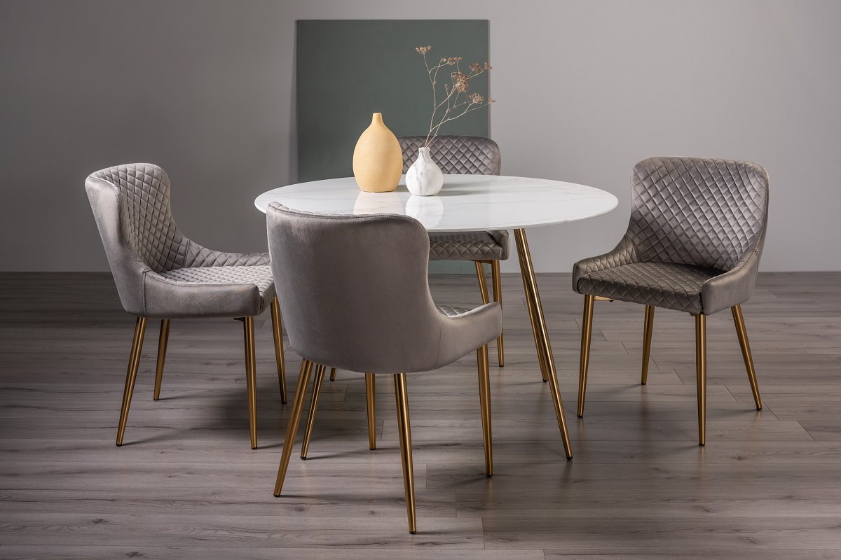 Francesca Marble Effect Glass 4 Seater Dining Table & 4 Cezanne Chairs in Grey Velvet Fabric with Gold Legs