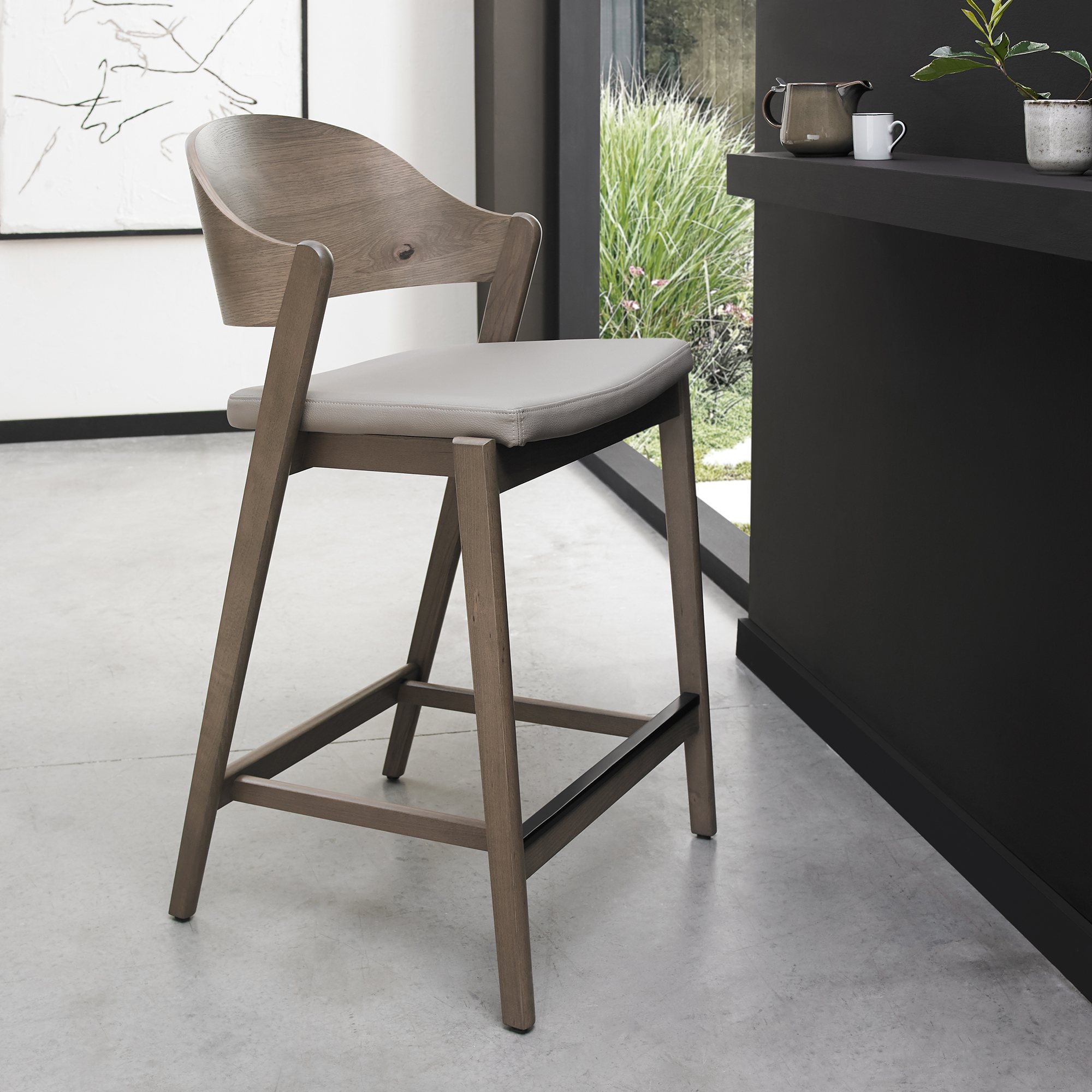 Astra Grey Oiled Oak Bar Stool in Grey Bonded Leather - Single