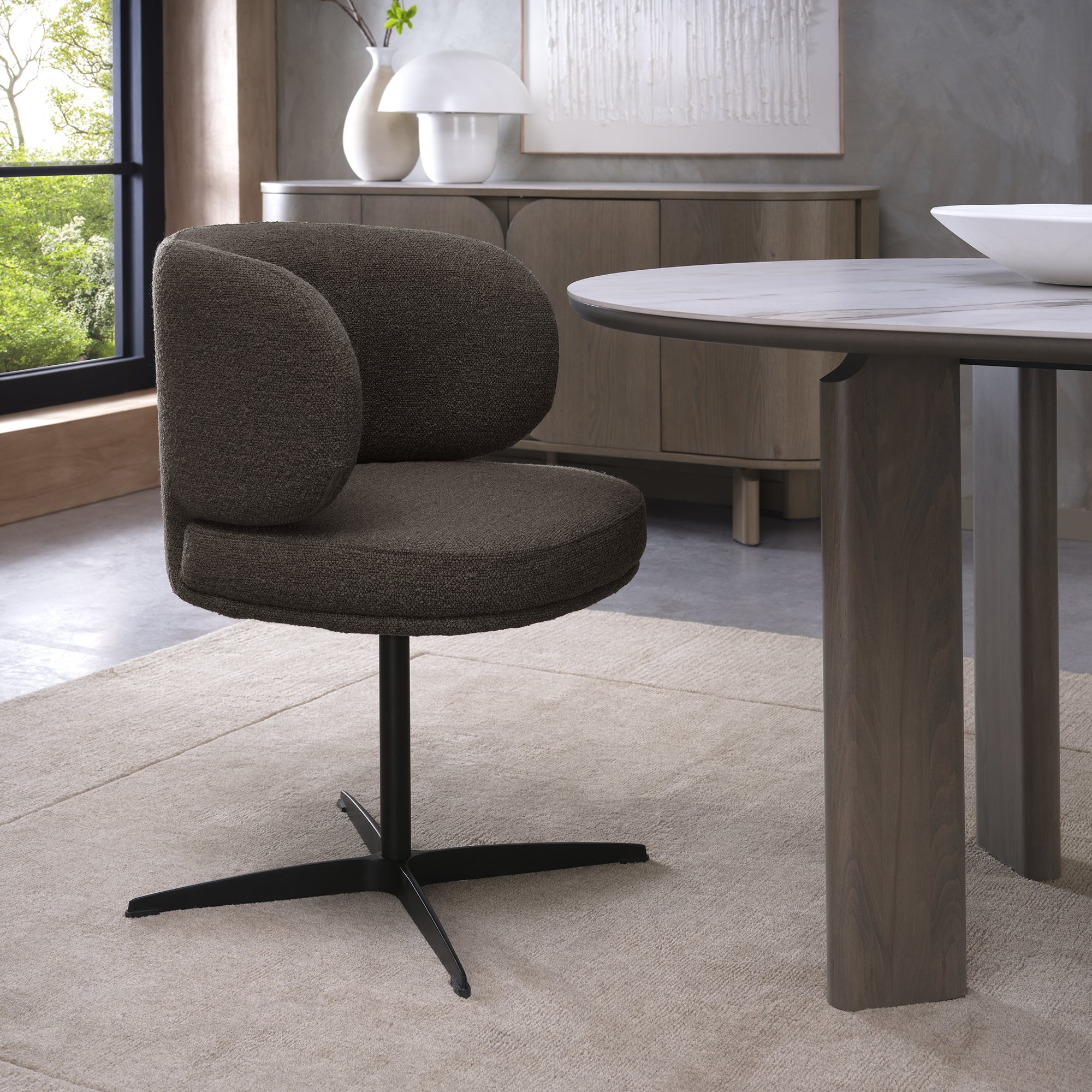 Marcel - 360° Swivel Chair in a Brown Boucle Fabric with Black Legs