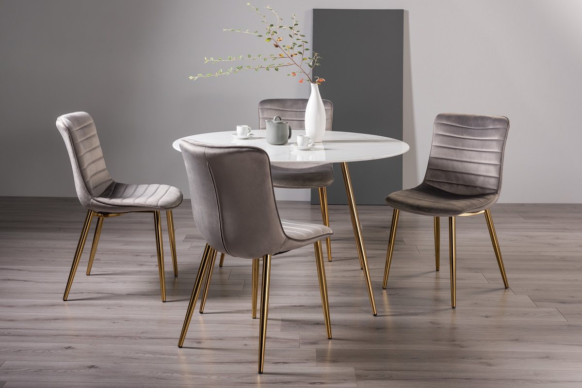 Francesca Marble Effect Glass 4 Seater Dining Table & 4 Rothko Gold Chairs in Grey Velvet Fabric