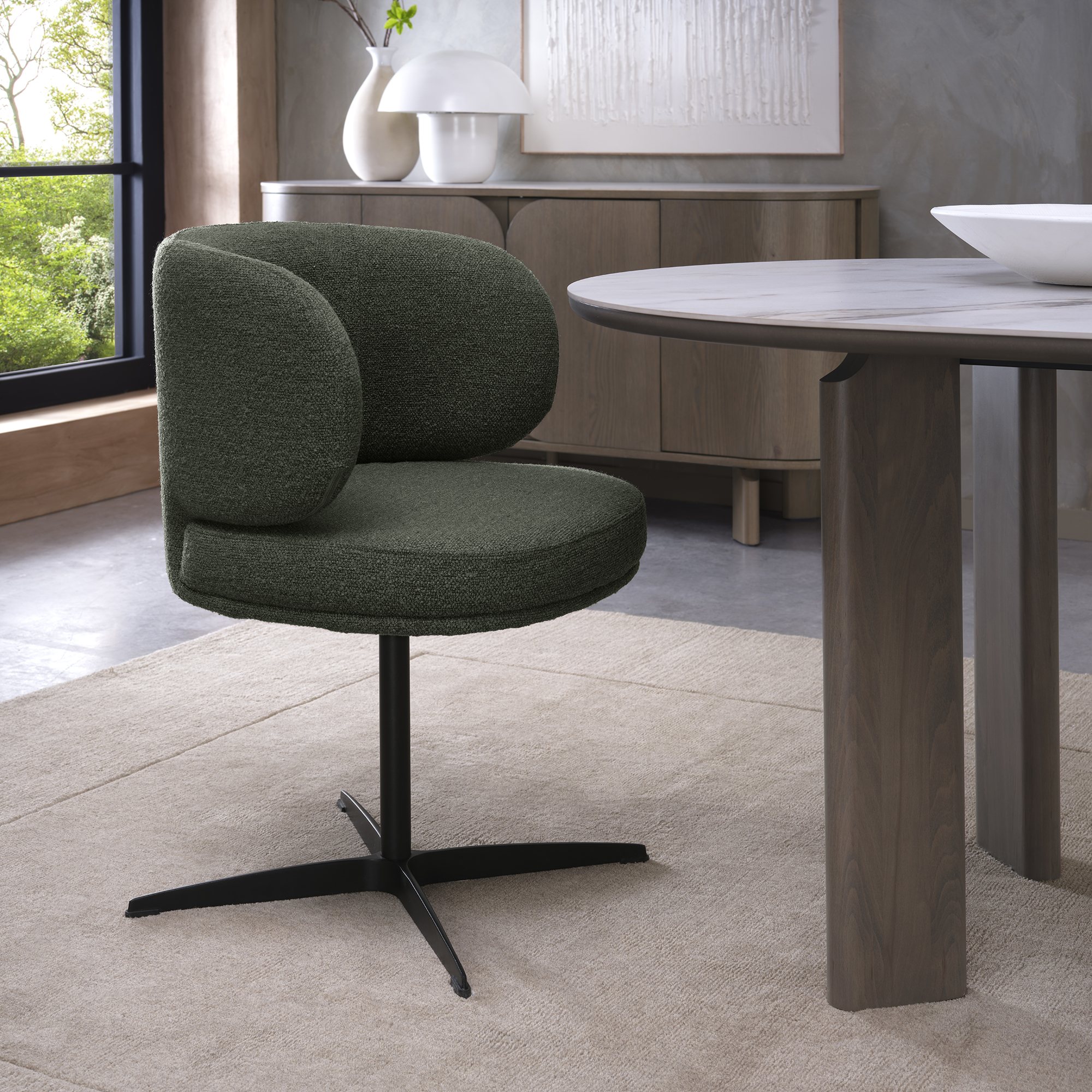 Marcel - 360° Swivel Chair in a Green Boucle Fabric with Black Legs