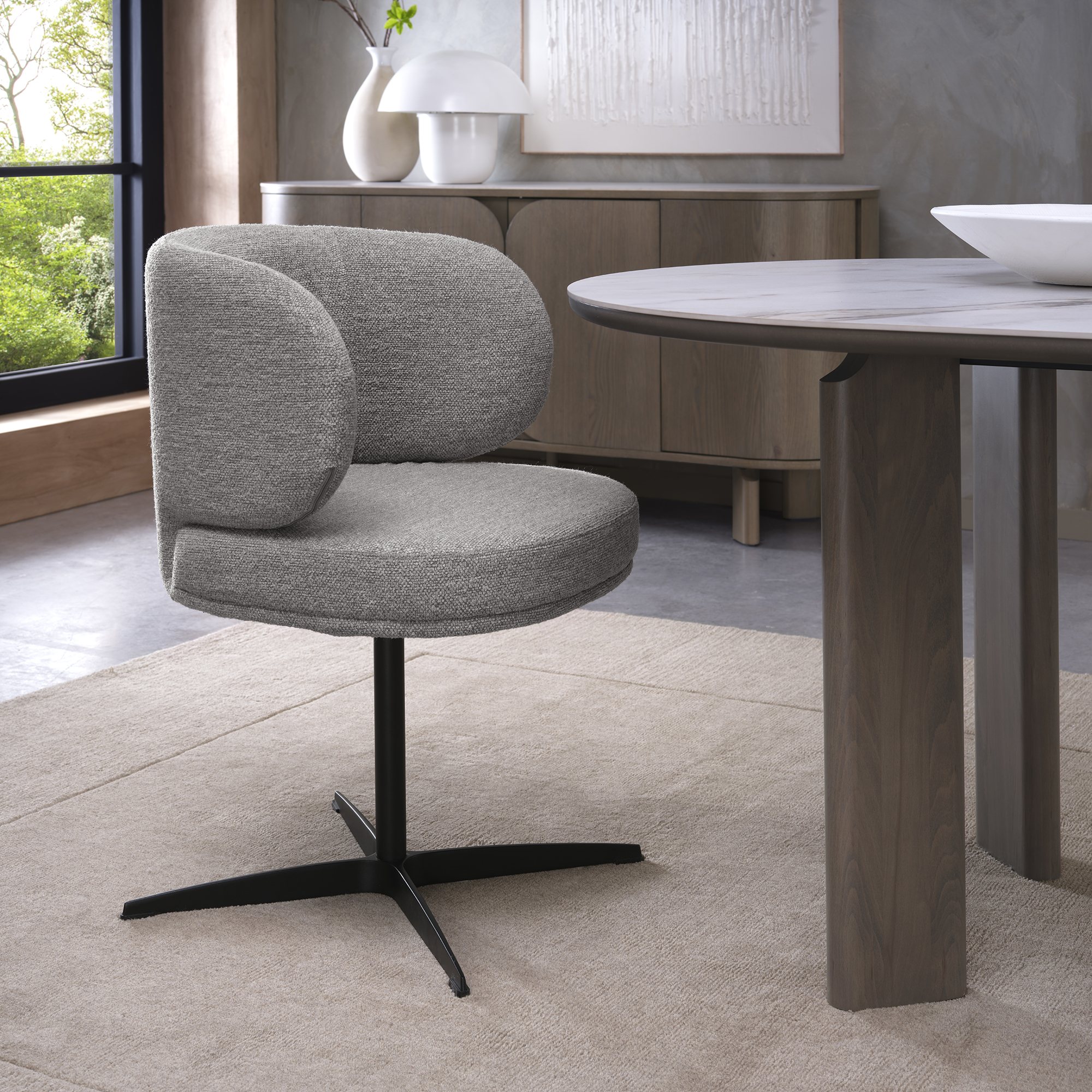 Marcel - 360° Swivel Chair in a Grey Boucle Fabric with Black Legs