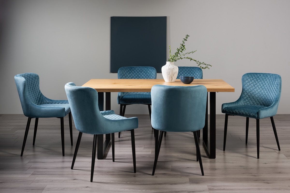 Ramsay U Leg Oak Effect 6 Seater Dining Table & 6 Cezanne Chairs in Petrol Blue Velvet Fabric with Black Legs