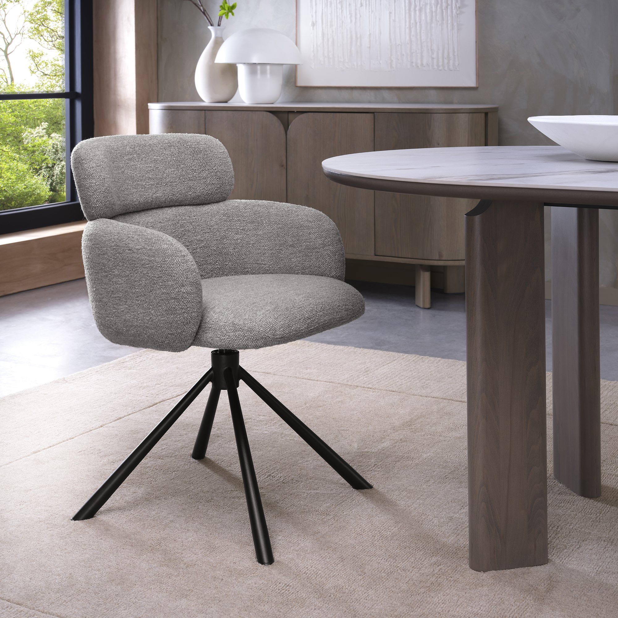 Hudson - 360° Self Returning Swivel Chair in a Grey Boucle Fabric with Black Legs