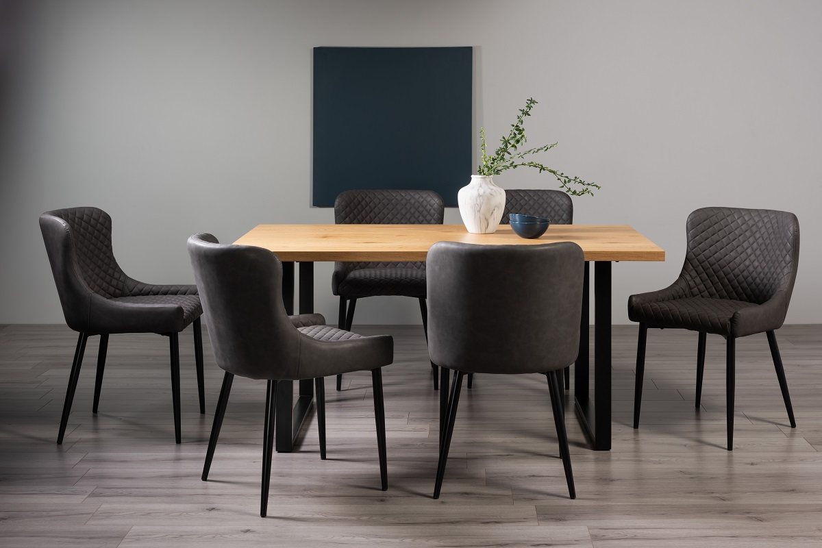 Ramsay U Leg Oak Effect 6 Seater Dining Table & 6 Cezanne Chairs in Dark Grey Faux Leather with Black Legs