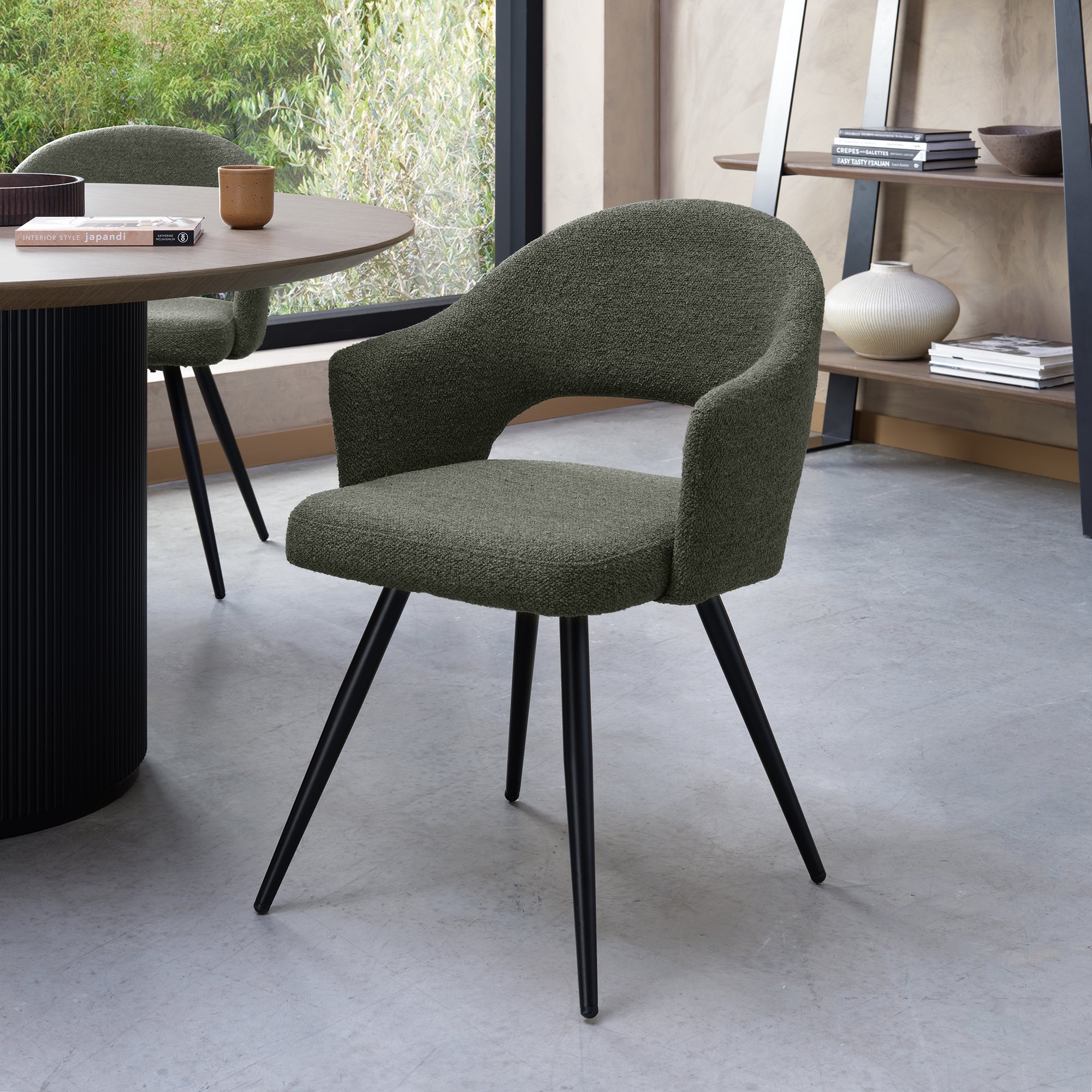 Sterling Green Boucle Fabric Chairs with Black Legs